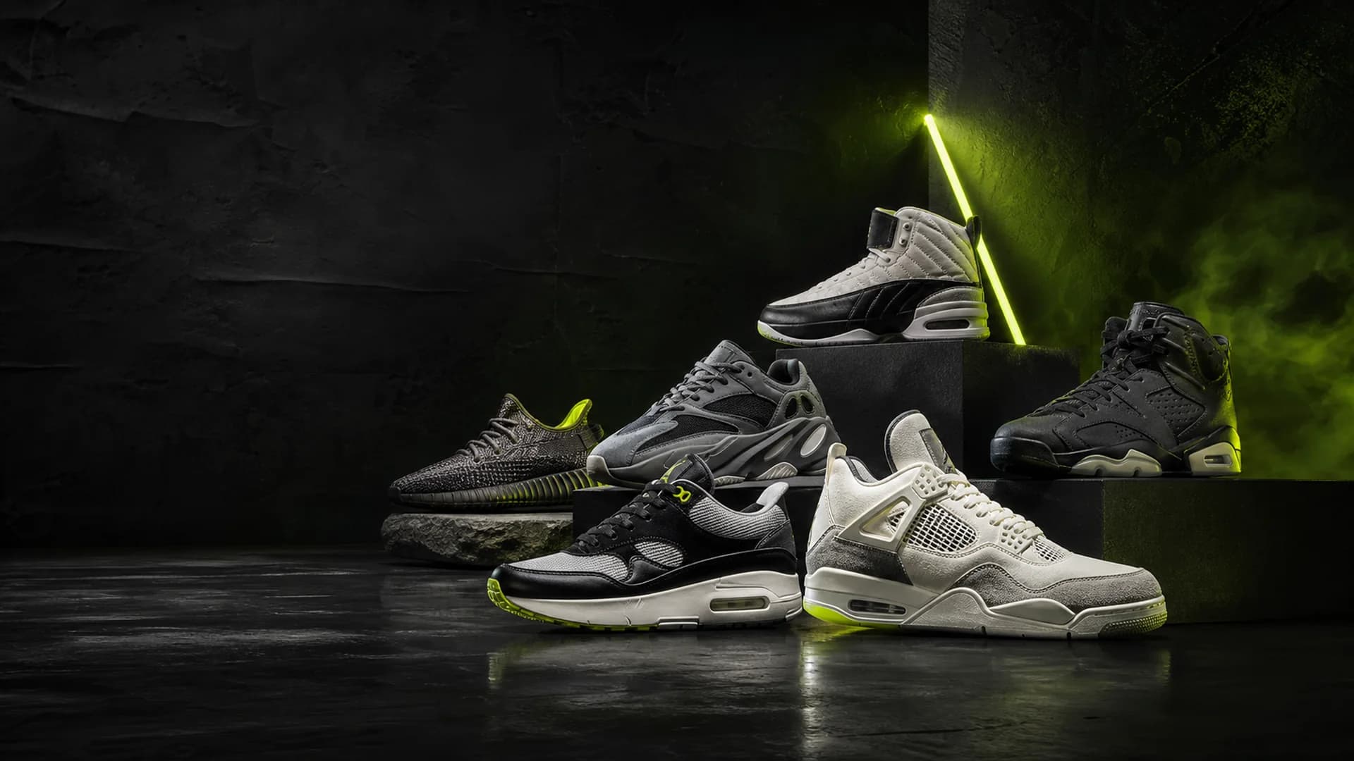 Premium collectible sneakers displayed in a dark studio with acid-lime lighting.