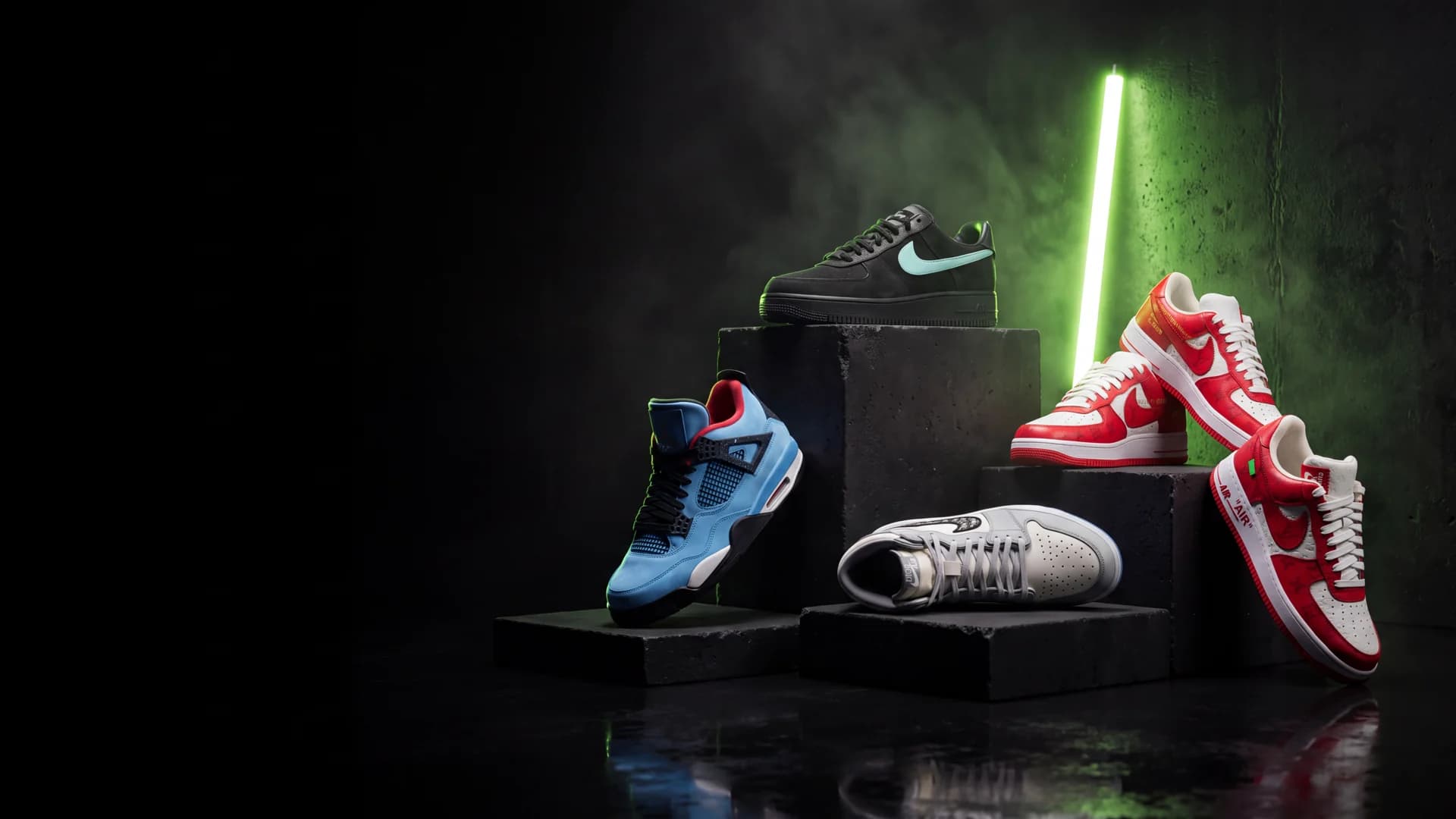 Grail sneakers staged on black concrete plinths in a dark studio lit by an acid-lime neon tube.