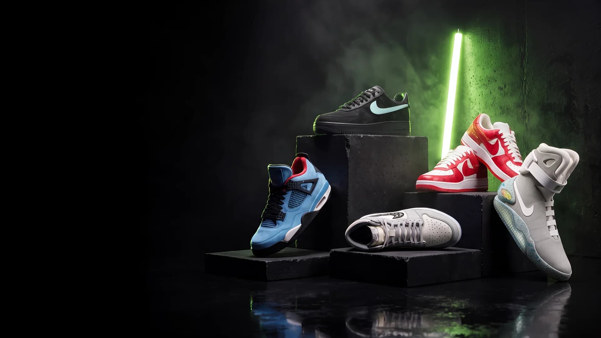 Grail sneakers staged on black concrete plinths in a dark studio lit by an acid-lime neon tube.